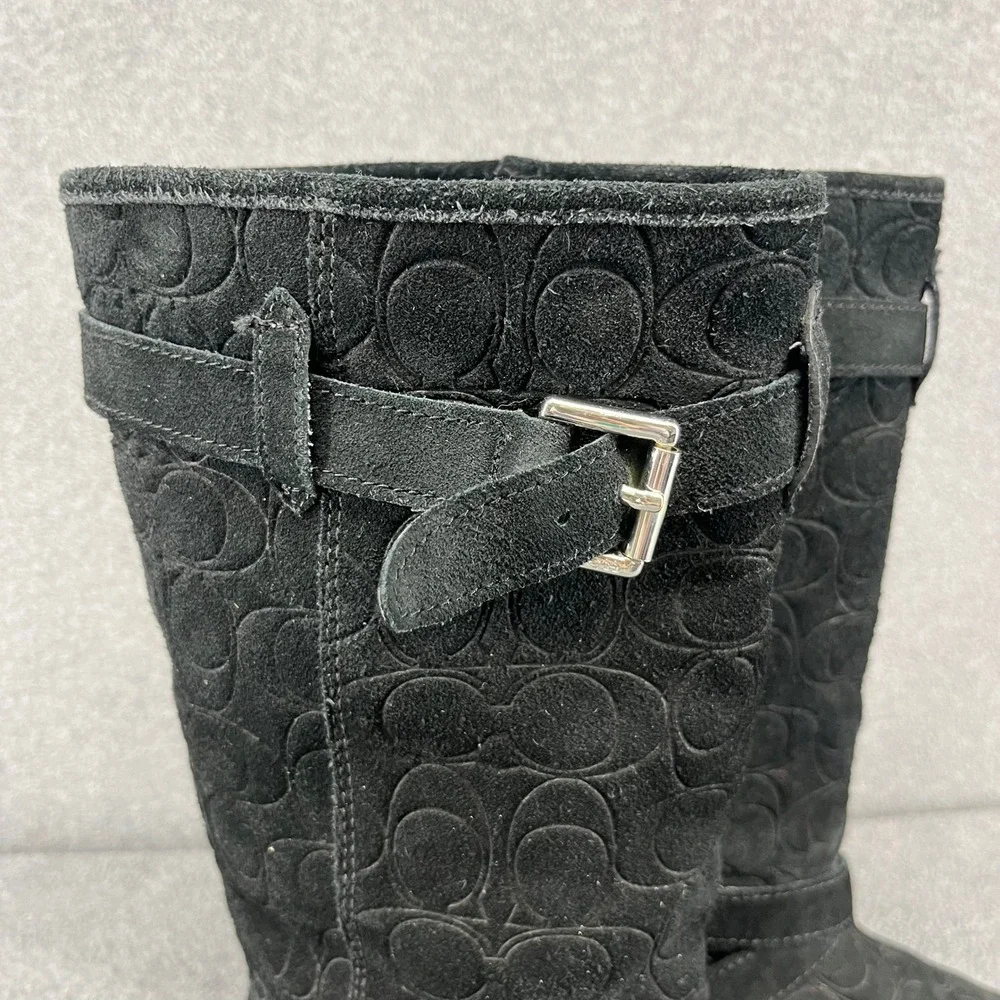 Coach Black Suede Monogram Tall‎ Boots Buckle Detail Women's US 8 B EU 38.5
